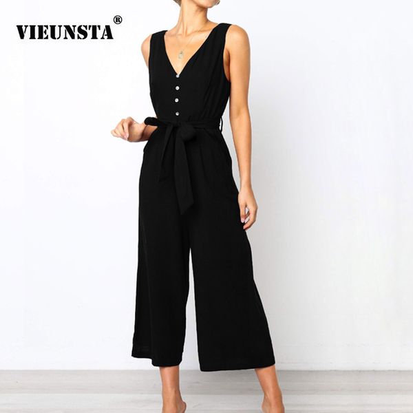 

vieunsta double v-neck backless jumpsuit women casual sashes button summer romper sleeveless wide leg pants overalls pocket, Black;white
