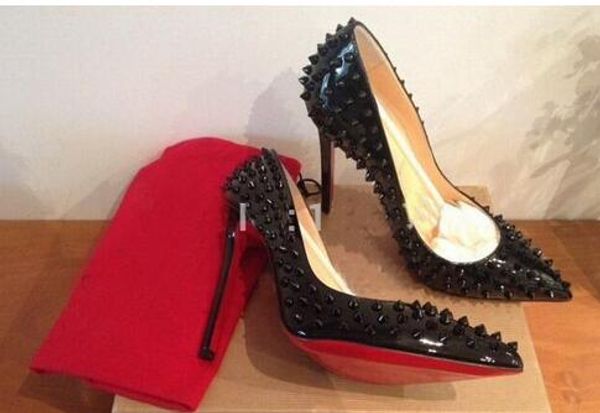 

Nude patent leather rivet pike poined toe high heel hoe women lady genuine leather wedding hoe pump tiletto heel, Black