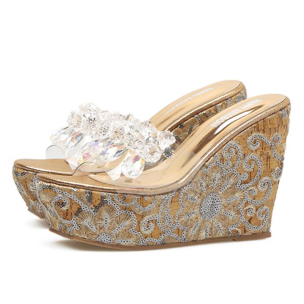

2020 women crystal 12cm high heels 5cm platform sandals elegant summer floral slides slippers wedges luxury chunky quality shoes, Black