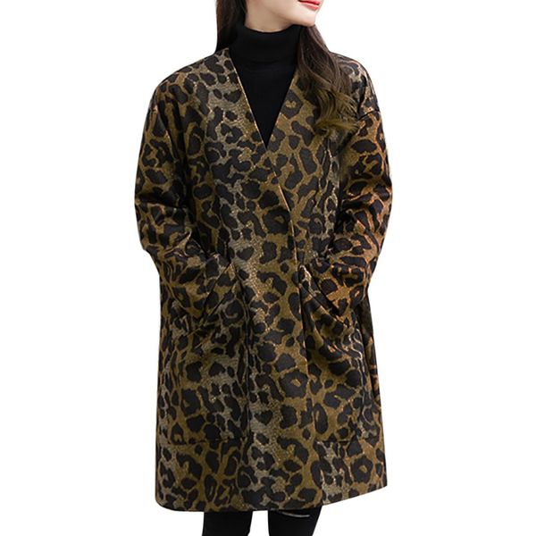

winter clothing wear women's long sleeve leopard jacket jacket v-neck soft leisure comfortable casual outerwear, Black