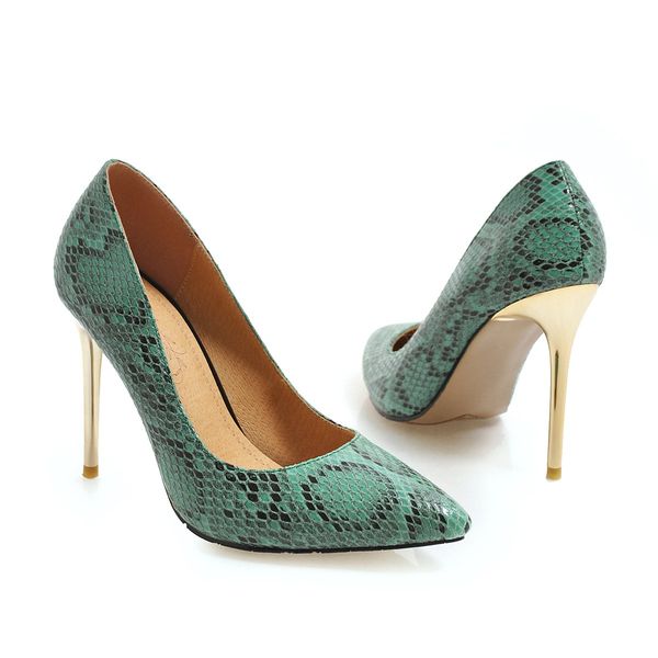 

wholesale stiletto heel snake pu leather pointed toe women pumps 100mm fashion high heels shoes for women office dress shoes large size, Black