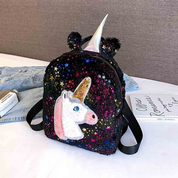 

1 pc children plush cartoon unicorn kids girls school backpack sequined solid color double shoulder bag backpack dropship new