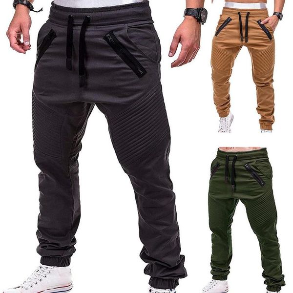 

men sport fitness training pants fashion drawstring zip strips pockets ankle tied long pants sport trousers tracksuit sportswear, Black