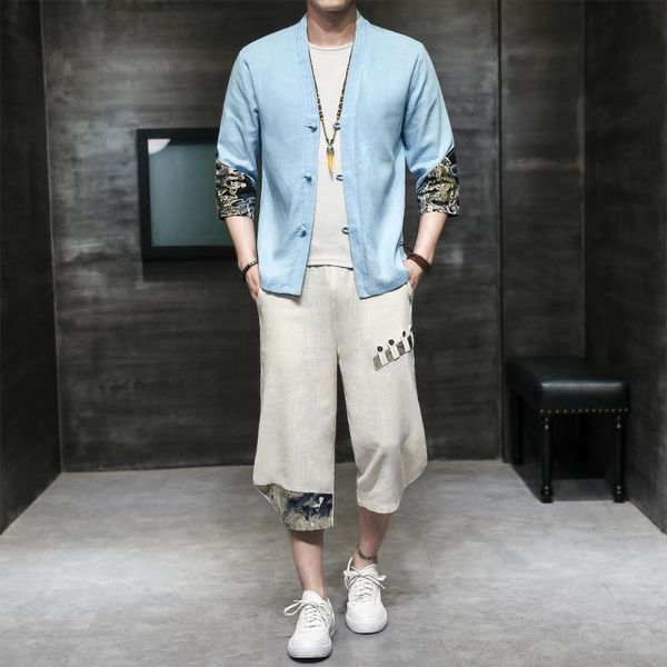 

men's tracksuits loldeal men 3/4 sleeve shirt set chinese style cotton and linen stitching v-neck tang suit + shorts, Gray