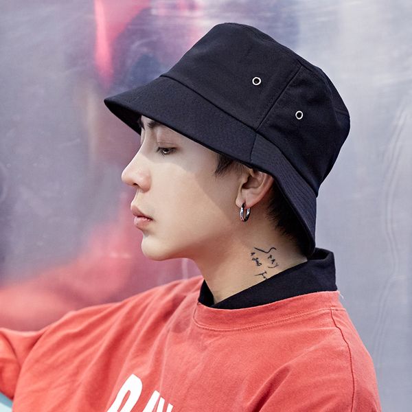 

black cotton pin bucket hat for men women flat solid bob panama casual sun hat streetwear hip hop cap fishing