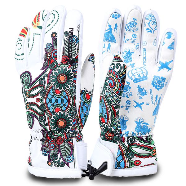 

winter leather waterproof snow gloves women warm print snowboard gloves ski protect