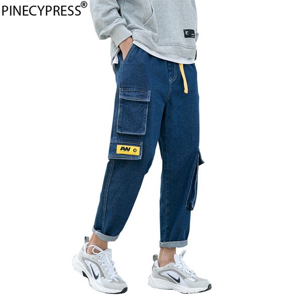 

cotton men harem jeans with belt big pockets full length quality fashion hip hop young male blue long loose man denim pants