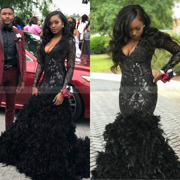 

2020 new bling black mermaid long sleeve feather african prom dresses with train deep v-neck plus size graduation party dress formal gown