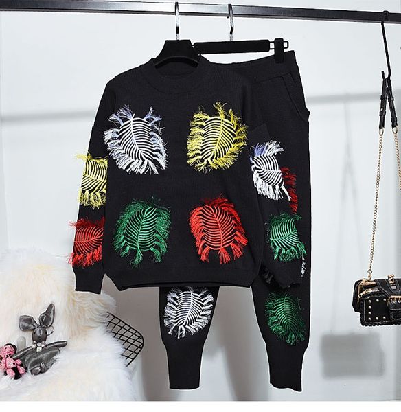 

two piece dress female 2021 autumn winter black knitting suit tassel embroidery loose knitted sweater long pencil pants women set, White
