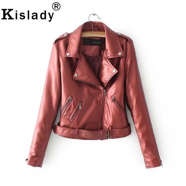 

2019 autumn winter fashion women's pu leather jacket shining silver wine red motorcycle jacket gothic punk faux leather coat, Black