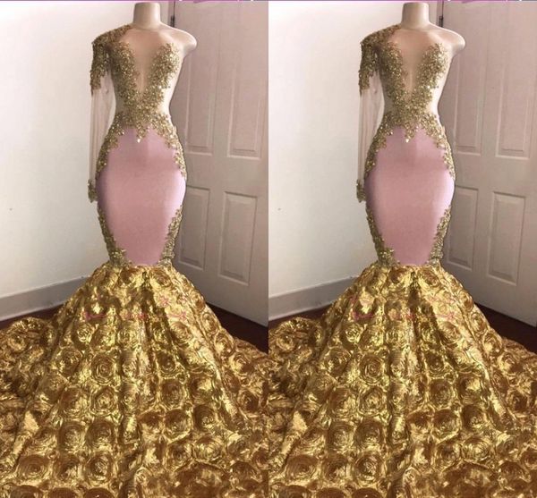 

African Pink Mermaid Prom Dress 2019 Sexy Gold Appliqued Evening Formal Party Gown Pageant Dresses Long Sleeve Sweep Train One Shoulder