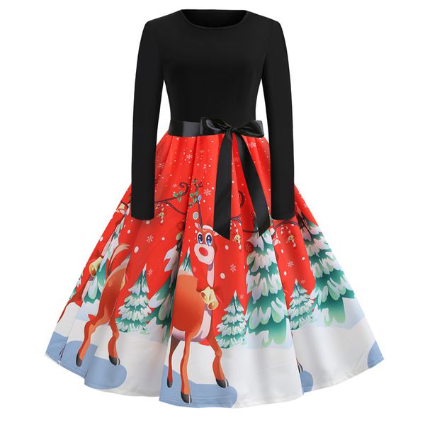 

women long sleeve 3d printed cute santa elk retro dress round collar splicing dress christmas party cosplay costume, Silver