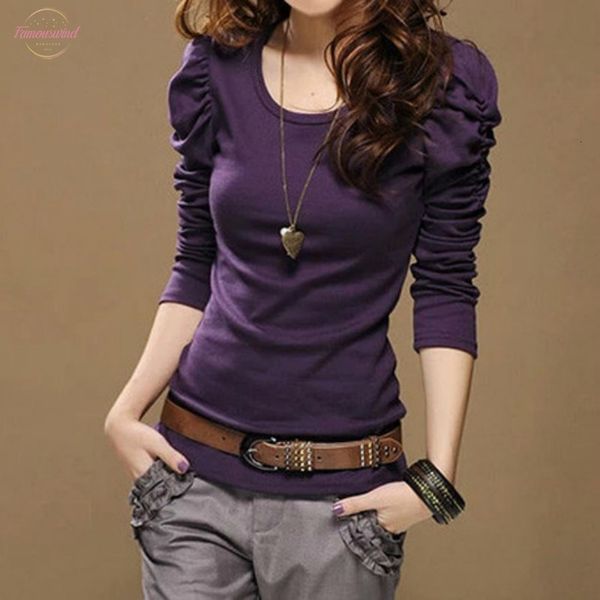

2020 new spring womens slim fashion temperament long sleeved women t shirt bubble sleeve bottoming shirt female plus size, White
