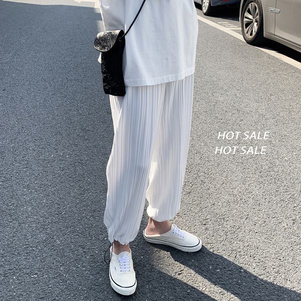 

ewq / men's wear comfortable and breathable casual pants simple loose wide legs solid color turnup ankle-length pants 9y1980, Black