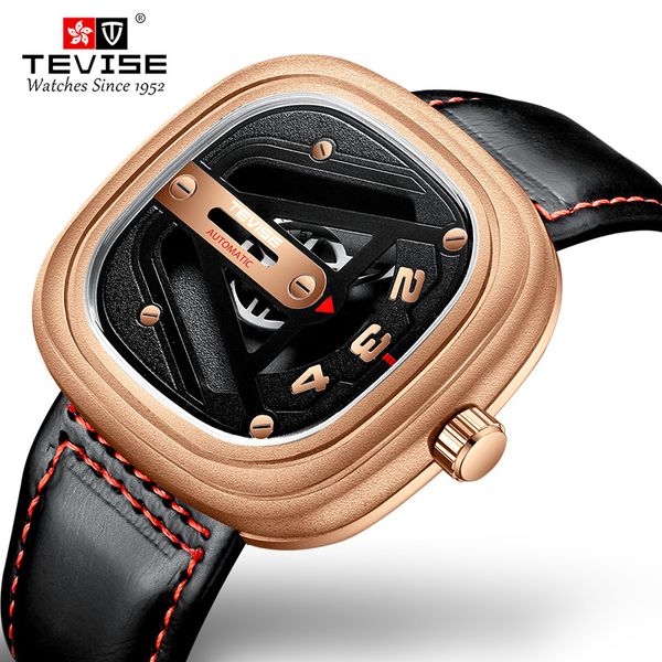 

tevise men automatic watch fashion square dial leather mechanical watch date waterproof sport military male clock, Slivery;brown