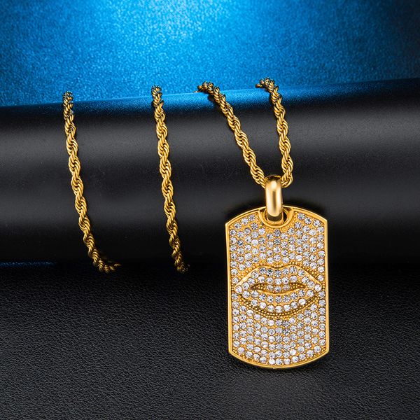 

us7 bling iced out square lips necklace & pendants paved rhinestoned pendant stainless steel chain for men hip hop jewelry, Silver
