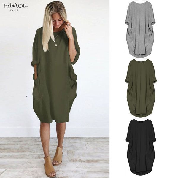 

plus size boho dress women ladies casual dress pocket loose round neck mini female dress dresses verano new, Black;gray