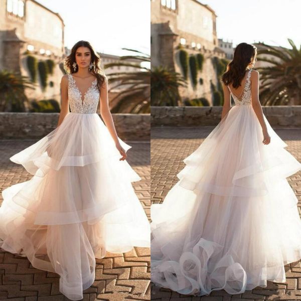 

naviblue 2019 долли свадебные платья многоуровневое рябить кружева аппликация линия свадебные платья v шеи развертки поезд тюль пляж свадебн, White