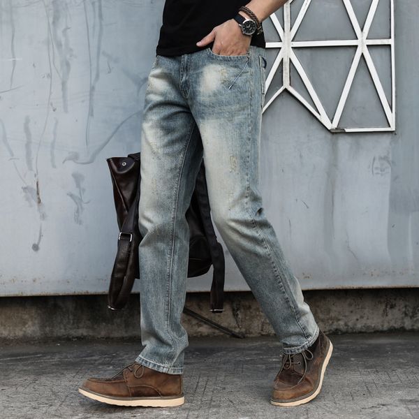 

e-baihui 2019 spring new hole jeans men's no elastic loose straight european and american retro denim pants x022, Blue
