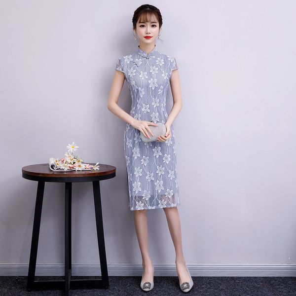 

gray summer vintage chinese style qipao short embroidery lace cheongsam dress women's chinese traditional dress size  -3xl, Red