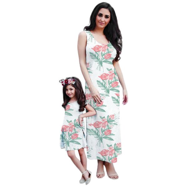 

family matching dress mother daughter clothes women boho long dresses summer beach floral maxi dress girl dresses, Blue