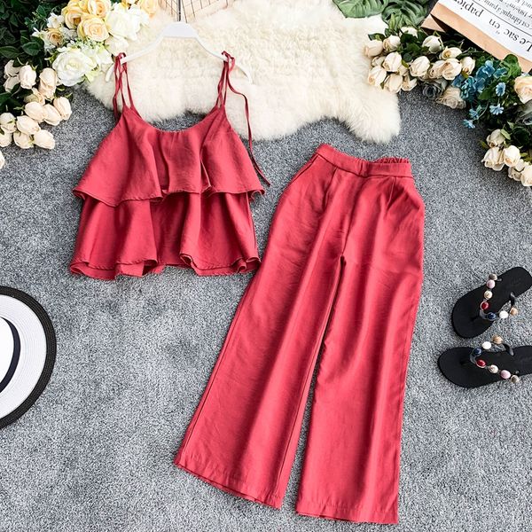 

2019 summer women's holiday bohe set vest + elastic waist wide leg trousers sets girls lady and pants two-piece suit, White