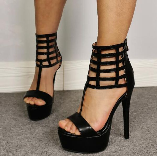 

summer woman black matte leather cuts out platform sandals stiletto heels zipper back peep toe party sandals shoes