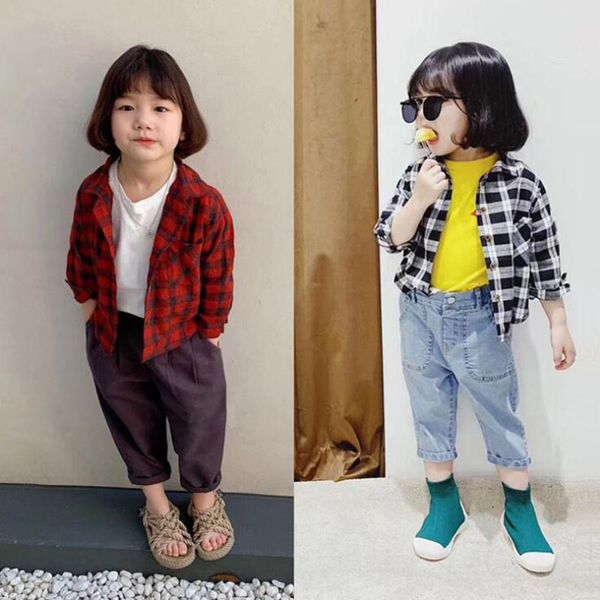 

2019 spring autumn new baby girls boys fashion cotton plaid shirt coat baby girls boys children jackets, Blue;gray