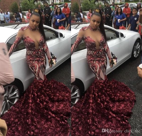 

african long sleeves prom dresses 2k19 high neck sheer neckline mermaid evening dress rose train appliques plus size party vestidos, Black