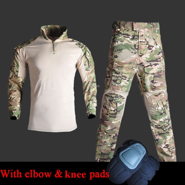 

camouflage army combat uniform shirt + cargo pants multicam paintball tactical clothes with elbow knee pads, Camo