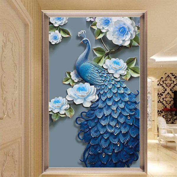 

drop shipping пользовательские фото mural 3d anaglyph синий павлин вход украшение дышащий нетканые обои mural