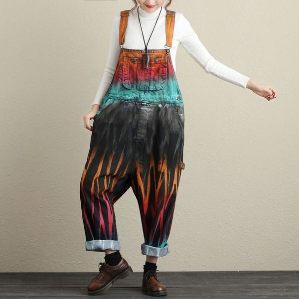

womens painted jean jumpsuit personality denim rompers big yard hip hop baggy denim overalls washed vintage wide leg bib pants, Black;white