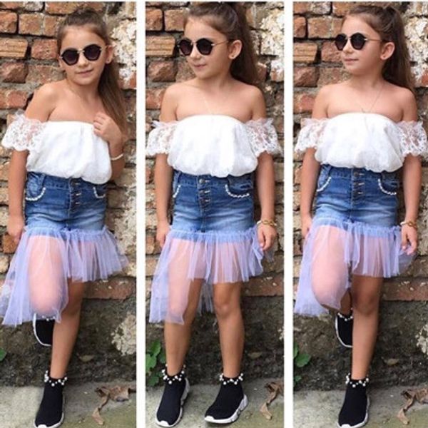 

New Girls Sets Children Summer Suit Skirts Strapless Tops + Fashion Mesh Jeans Skirts 2020 New Style Children Two-piece Kids Casual Suits