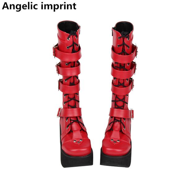 

angelic imprint mori girl women shoes lady lolita punk motorcycle boots woman high trifle heel pumps platform shoes 33-47 buckle, Black