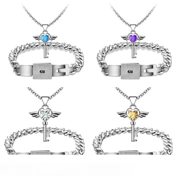 

титановая сталь концентрический замок браслет любовь ключ блестящий горный хрусталь кулон ожерелье венчание пары комплект ювелирных изделий, Silver