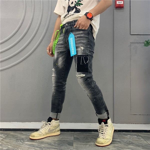 

2020new rock revival fashion casual men's tight stretch jeans imitation old torn slim jeans pants skateboard brand men's jeans pan, Blue