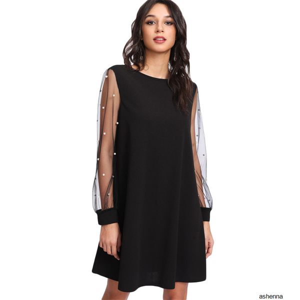 

womens designer puff sleeve mesh beaded slim dressl7s6, Black;gray