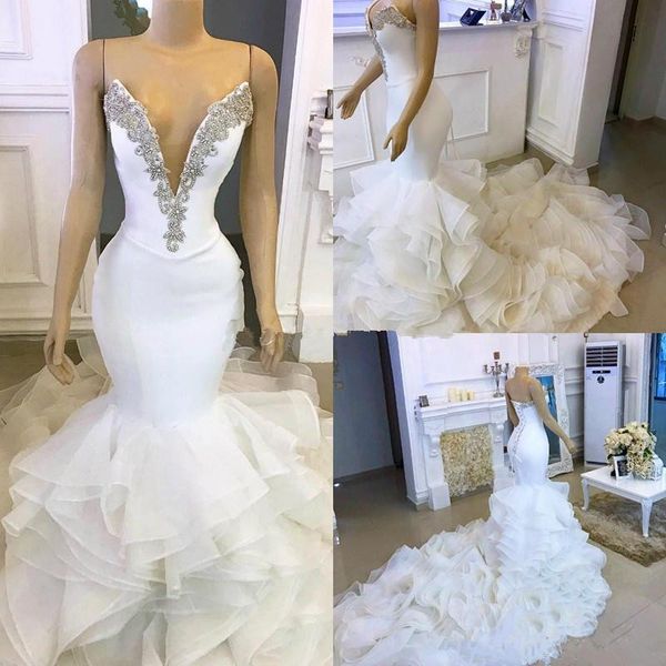 

sweetheart organza mermaid wedding dresses plus size deep v neck chrystal beaded bridal gowns white court train