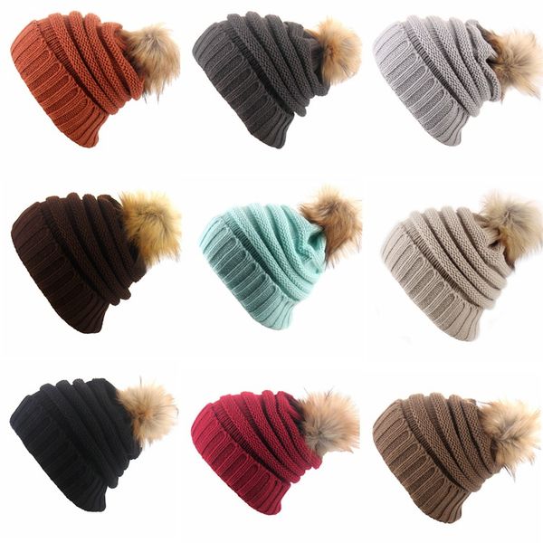 

13 colors women winter knitted beanie faux fur cap pom ball crochet hats knitted hat skully warm ski trendy soft thick caps 30pcs, Yellow