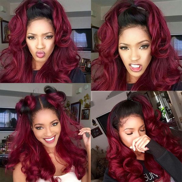 

99j 1b with wine red color ombre full lace human hair wig 130 de tiny gluele remy for women brazilian per plucked