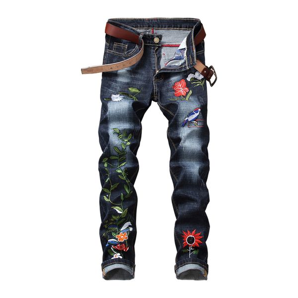 

embroidery jeans hole metrosexual straight destroyed jeans casual slim ripped roses print men's trousers denim pant, Blue
