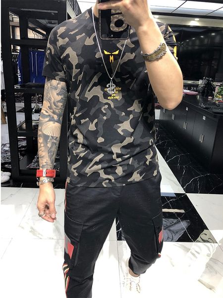 

men's new 2019 t-shirt camouflage short sleeve character letters embroidery hong kong style round collar han version slim body trend, White;black