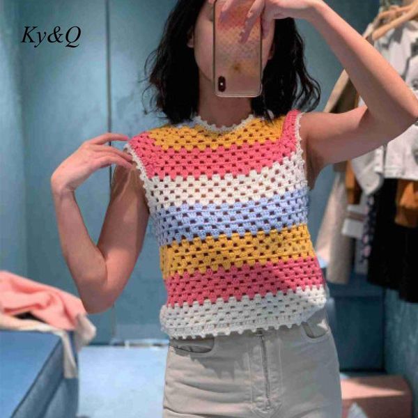 

brand design 2020 spring new sweet women rainbow stripe hollow knit blouse round neck short knit vest pullover sweater clothes, White;black