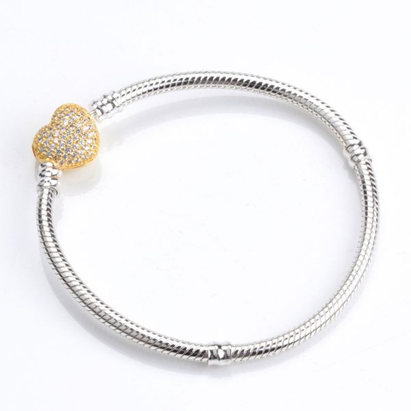 

heart-shaped cz diamond bracelet for pandora 925 sterling silver plated 18k gold snake bone ladies bracelet with original box, Golden;silver