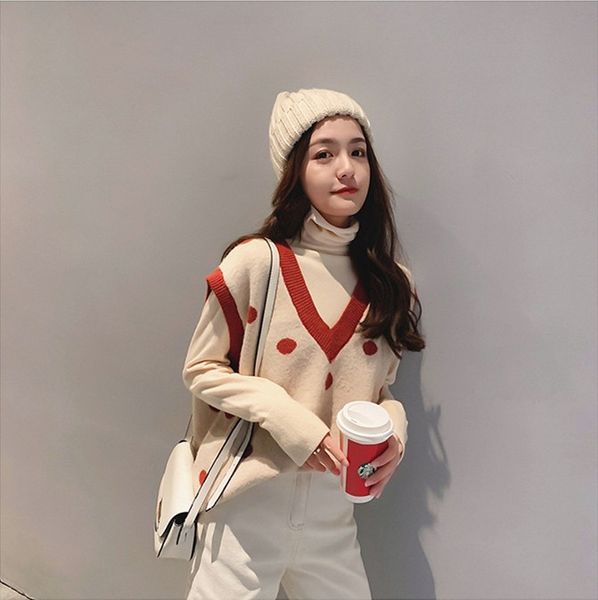 

2019 новая весна женские трикотажные жилет корейский сыпучие рукавов свитера для женщин пуловер мода v-образным вырезом dot жилете теплое па, Black;white