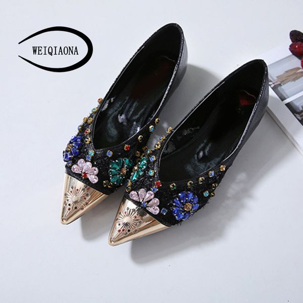 

weiqiaona 2019 new women shoes casual flats brand design ballet shoes luxury crystal pointed toe ladies wedding, Black