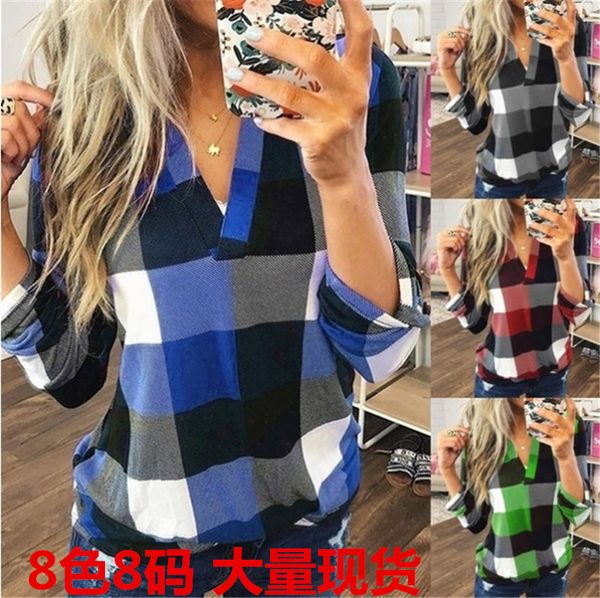 

women's new spring and autumn shirt women's plaid printed v-neck long sleeve t-shirt, White