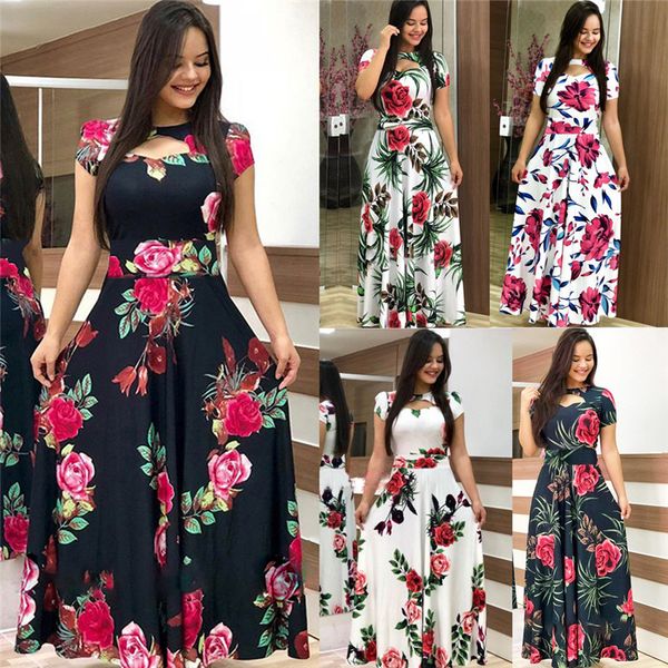 

party dresses women summer dress casual short sleeve boho floral print patchwork maxi o neck slim hollow out vestidos, White;black