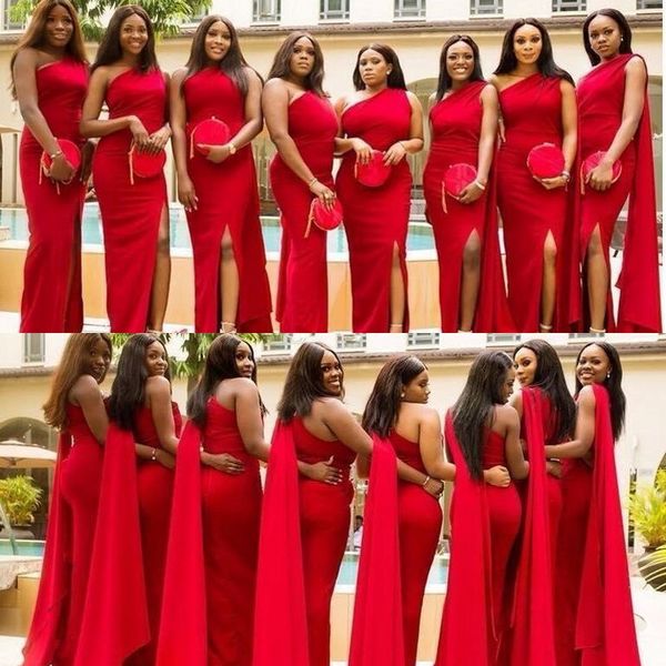 

2019 new design african bridesmaid dresses one shoulder mermaid watteau train red bridesmaids dresses formal wedding party dresses, White;pink