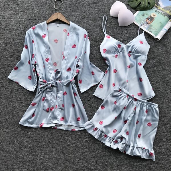 

lisacmvpnel 3 pcs printing sweet woman pajama set nightgown+cardigan+shorts set female pijama, Black;red